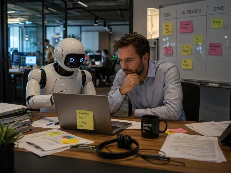 Agent IA en entreprise collaborant avec un salarié sur un processus métier dans un environnement de bureau moderne