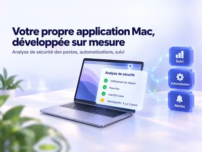 Un ordinateur portable dont le menu d'analyse de sécurité affiche le chiffrement, le pare-feu et macOS au vert, la sauvegarde en alerte, relié au suivi, aux automatisations et aux alertes
