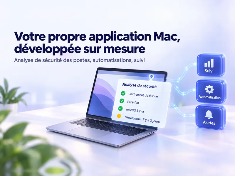 Un ordinateur portable dont le menu d'analyse de sécurité affiche le chiffrement, le pare-feu et macOS au vert, la sauvegarde en alerte, relié au suivi, aux automatisations et aux alertes