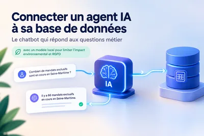 Un agent IA relié à une base de données : la question métier entre à gauche, la réponse chiffrée en ressort