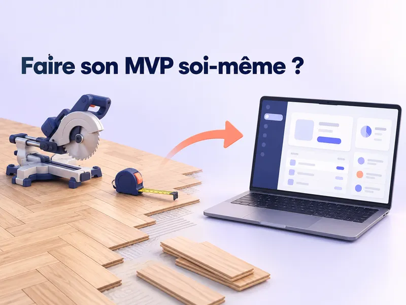 Un parquet à moitié posé, avec une scie et un ordinateur portable ouvert sur la maquette d'une application