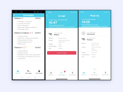 Écrans de l'application CityWash pour réserver un lavage de véhicule