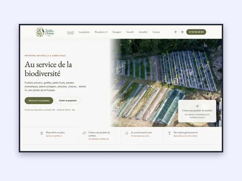 Page d'accueil du site de la pépinière Jardin de Bohème, avec ses fruitiers anciens et ses plantes comestibles