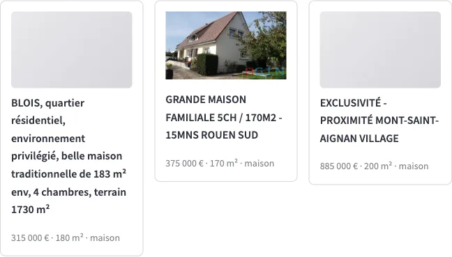 Résultats affichés en cartes avec titre, prix, surface et photo du bien